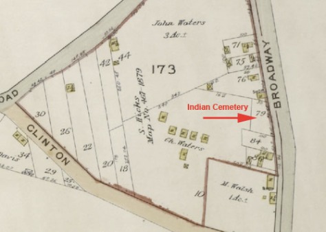 The Indian Cemetery in 1913, located on the north side of Broadway (today's Northern Blvd) between Clinton Ave (Marathon Pkwy) and Old House Landing Rd (Little Neck Pkwy).