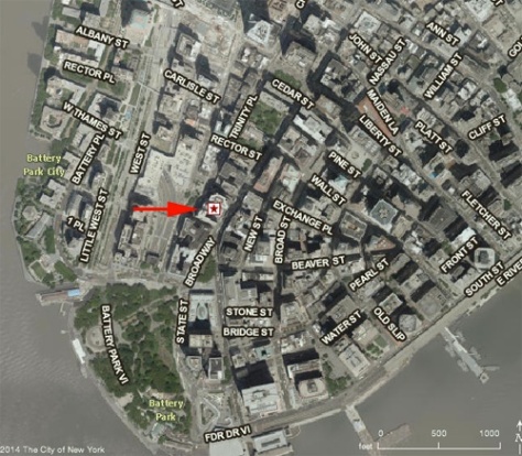 Approximate location of The Old Graveyard site in present day lower Manhattan.